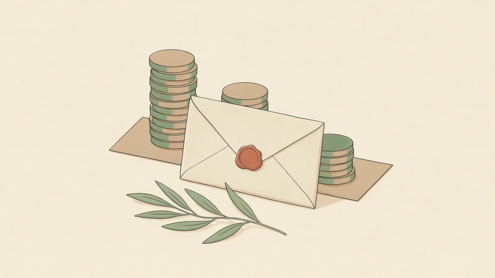 Ilustración plana de un sobre cerrado con lacre terracota entre pilas de monedas, con una rama de olivo