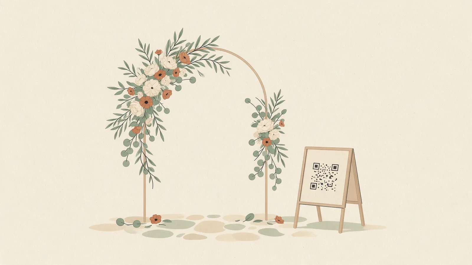 Ilustración de un arco de boda con flores y ramas, con un cartel pequeño con código QR apoyado a un lado de la entrada