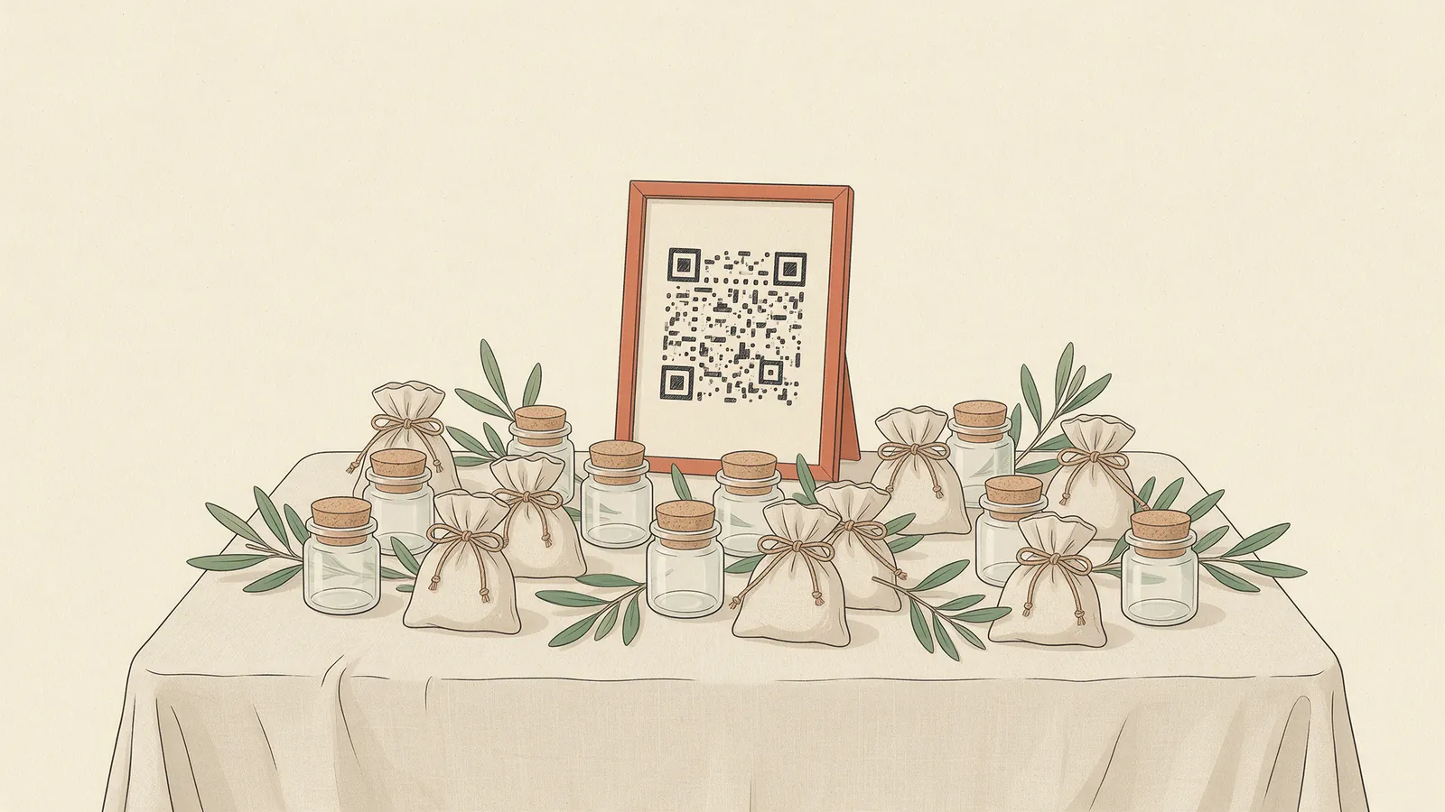 Ilustración de una mesa de detalles de boda con tarros pequeños, bolsitas de tela y un cartel con código QR apoyado detrás