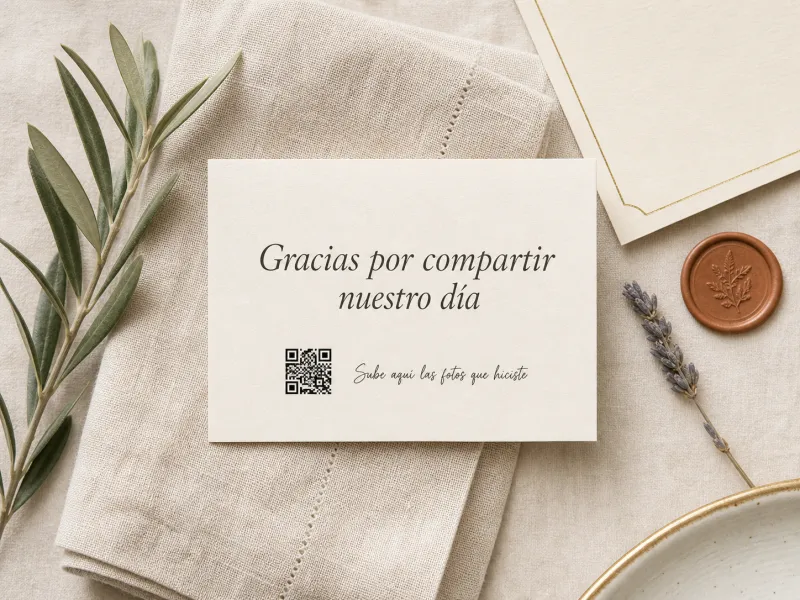 Tarjeta de agradecimiento con QR para subir fotos