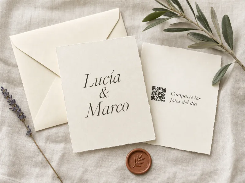 Invitación de boda impresa con QR para compartir fotos