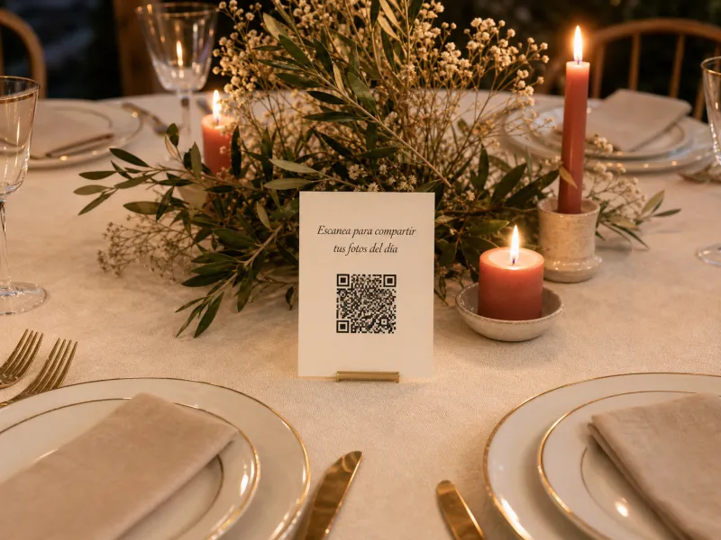 Cartel QR para compartir fotos en una mesa del banquete