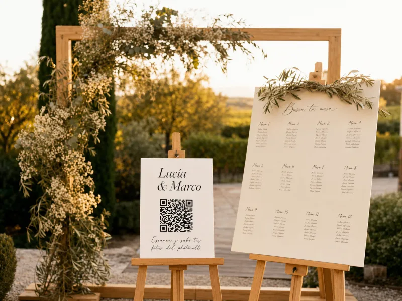 Cartel QR junto al photocall y el seating plan