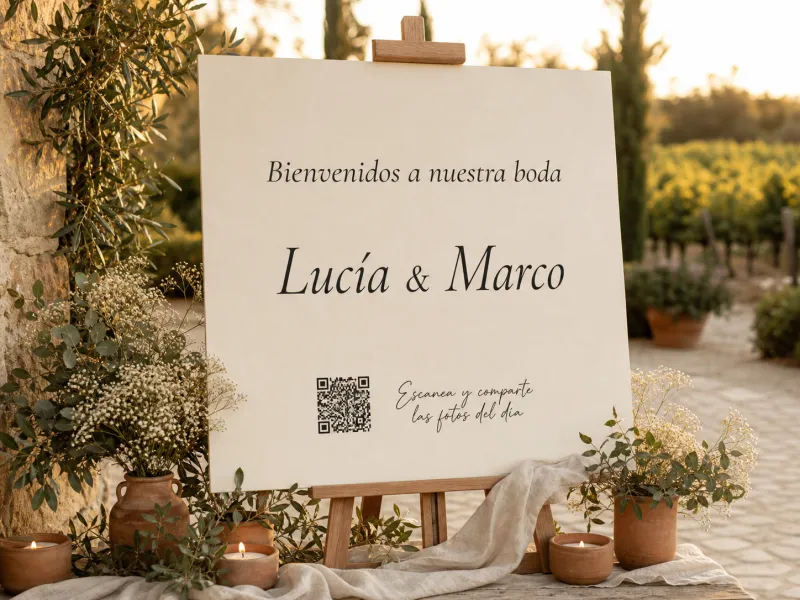 Cartel de bienvenida con QR para subir las fotos de la boda